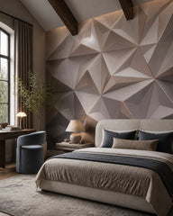 Beige 3D polygon wallpaper in a designer bedroom.