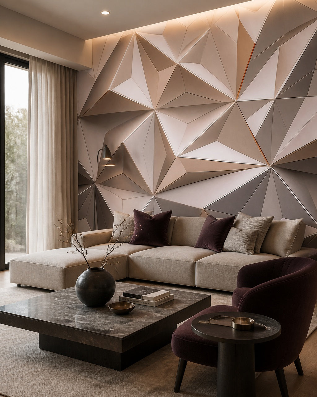 Beige 3D polygon wallpaper in a designer living room.