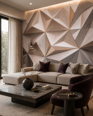 Beige 3D polygon wallpaper in a designer living room.