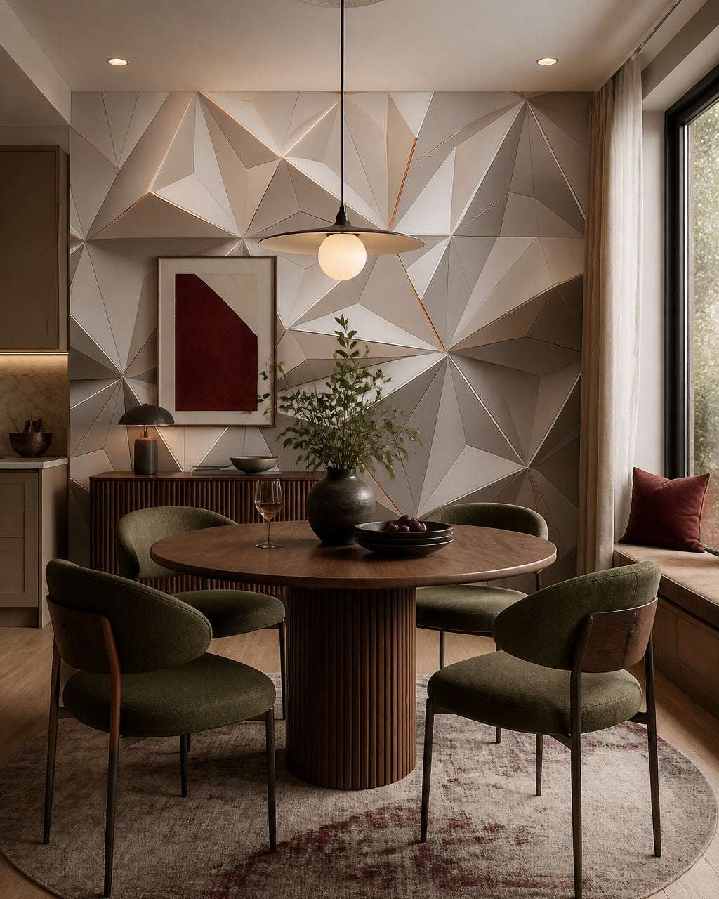 Beige 3D polygon wallpaper in a refined dining area.