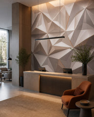 Beige 3D polygon wallpaper in a boutique hotel lobby.