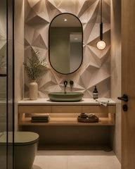 Beige 3D polygon wallpaper in an elegant powder room.