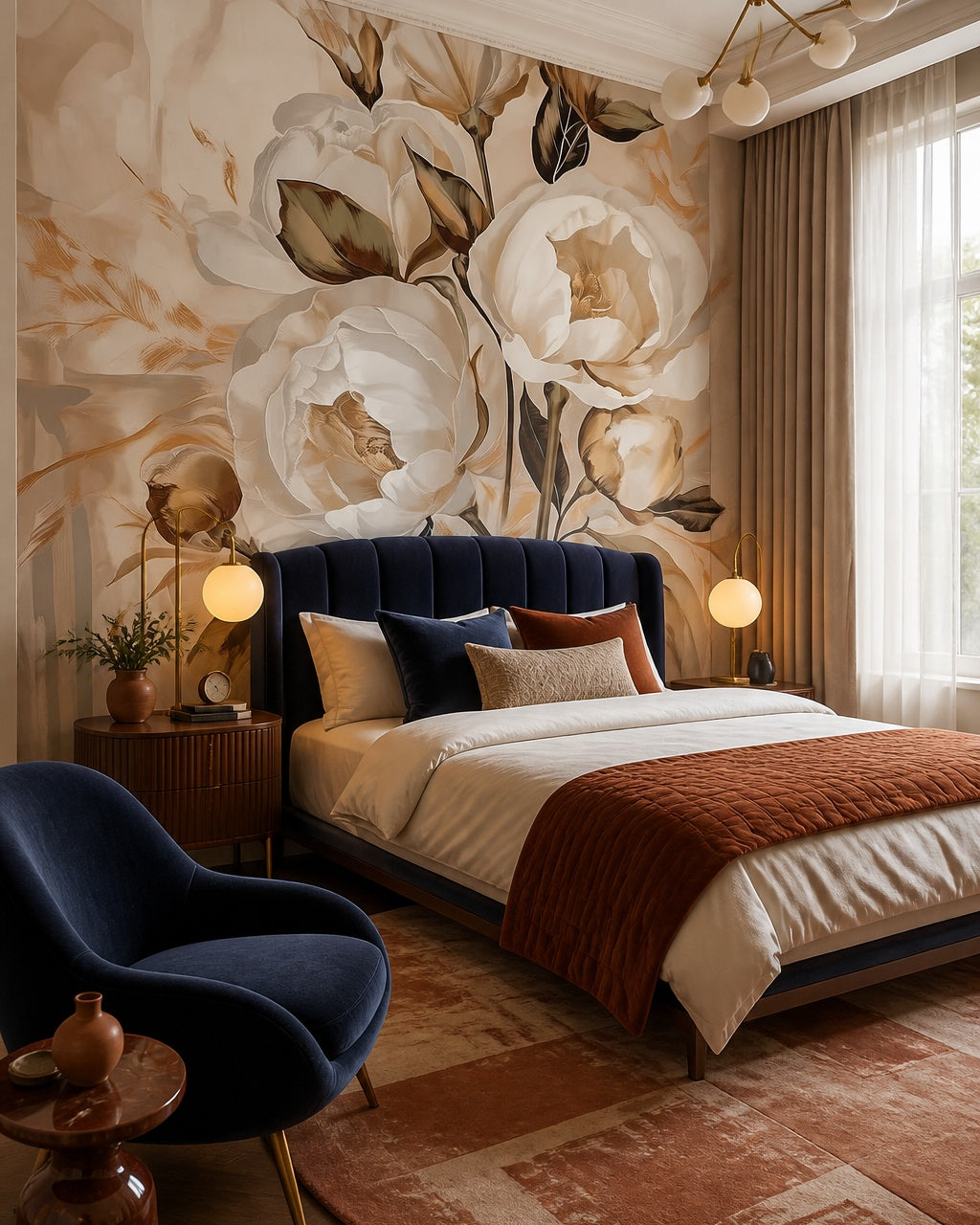 Peach peony painting wallpaper in a designer bedroom.