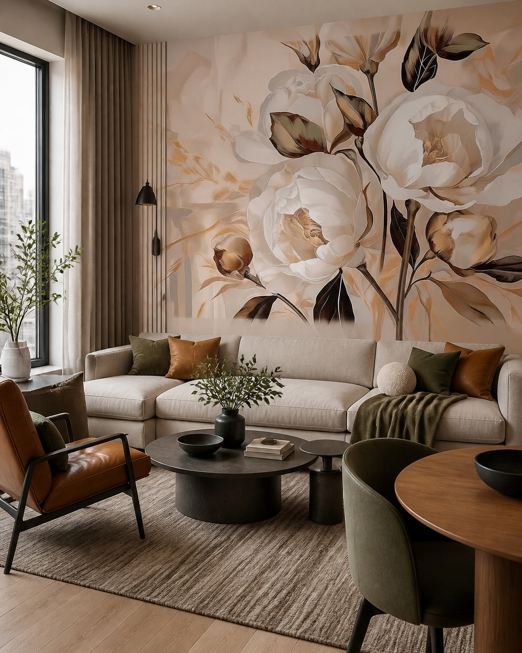 Peach peony painting wallpaper in a designer living room.