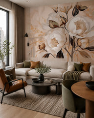 Peach peony painting wallpaper in a designer living room.