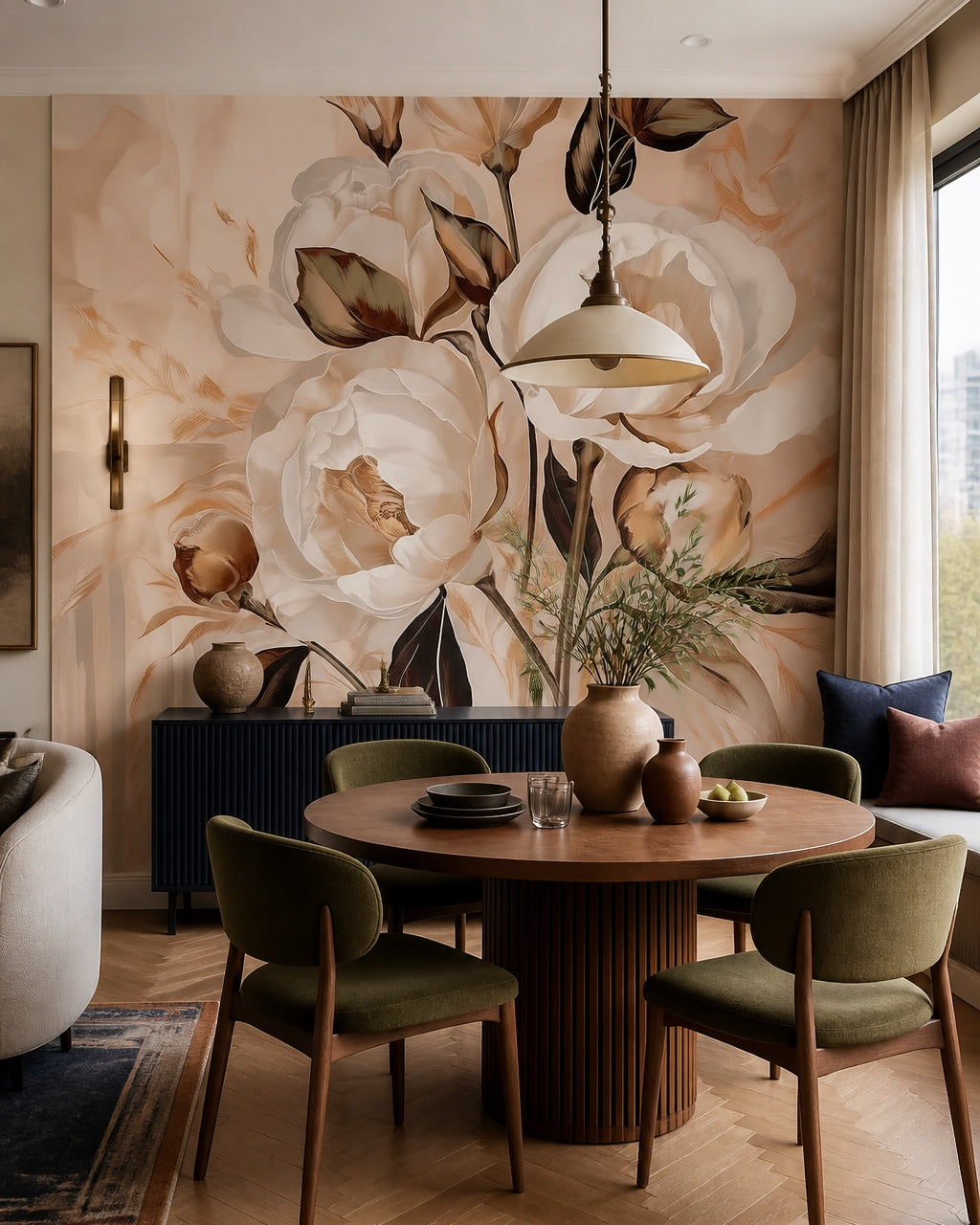 Peach peony painting wallpaper in a refined dining area.
