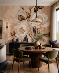 Peach peony painting wallpaper in a refined dining area.