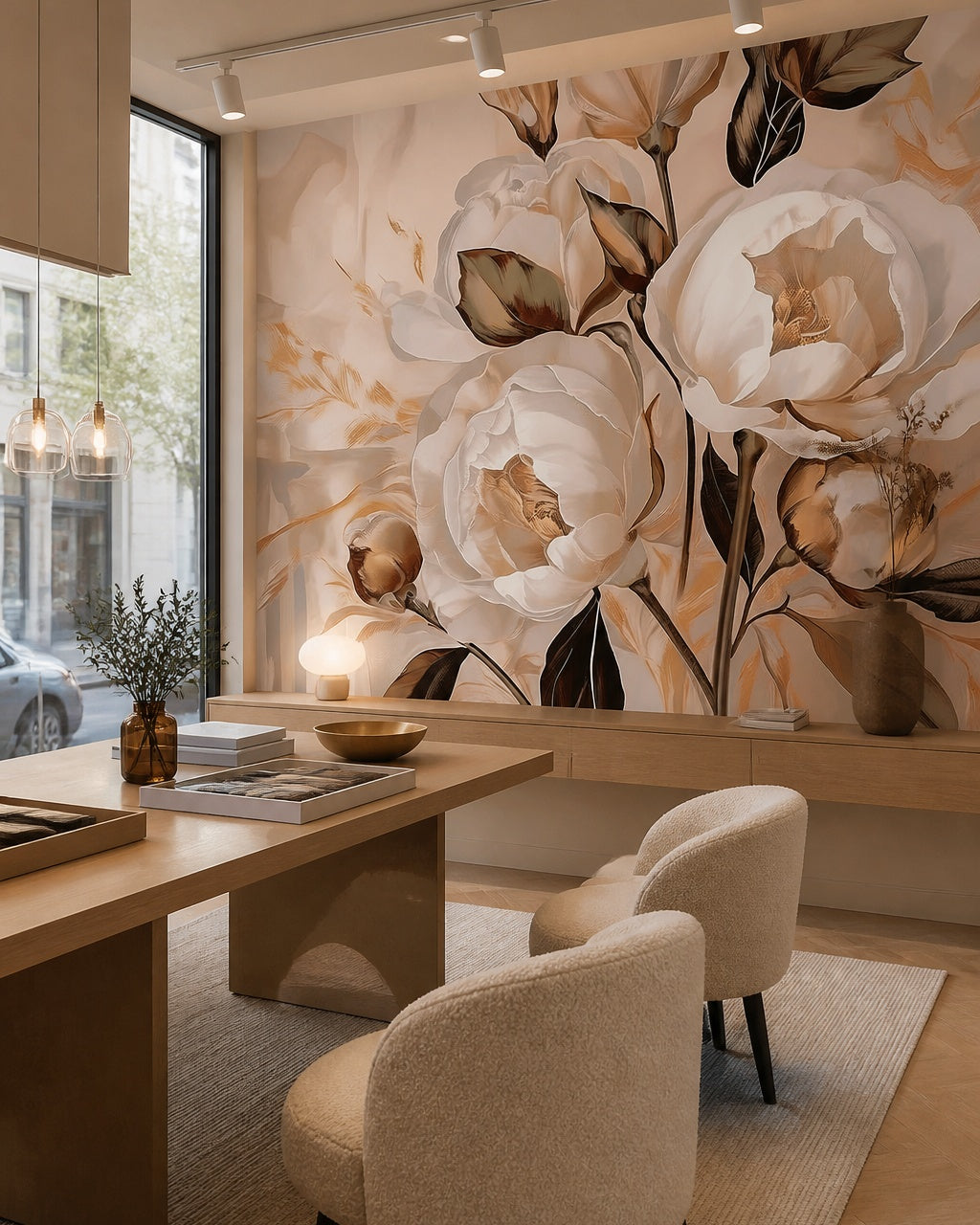 Peach peony painting wallpaper in a design showroom.
