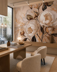 Peach peony painting wallpaper in a design showroom.