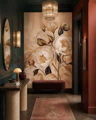 Peach peony painting wallpaper in an architectural hallway.