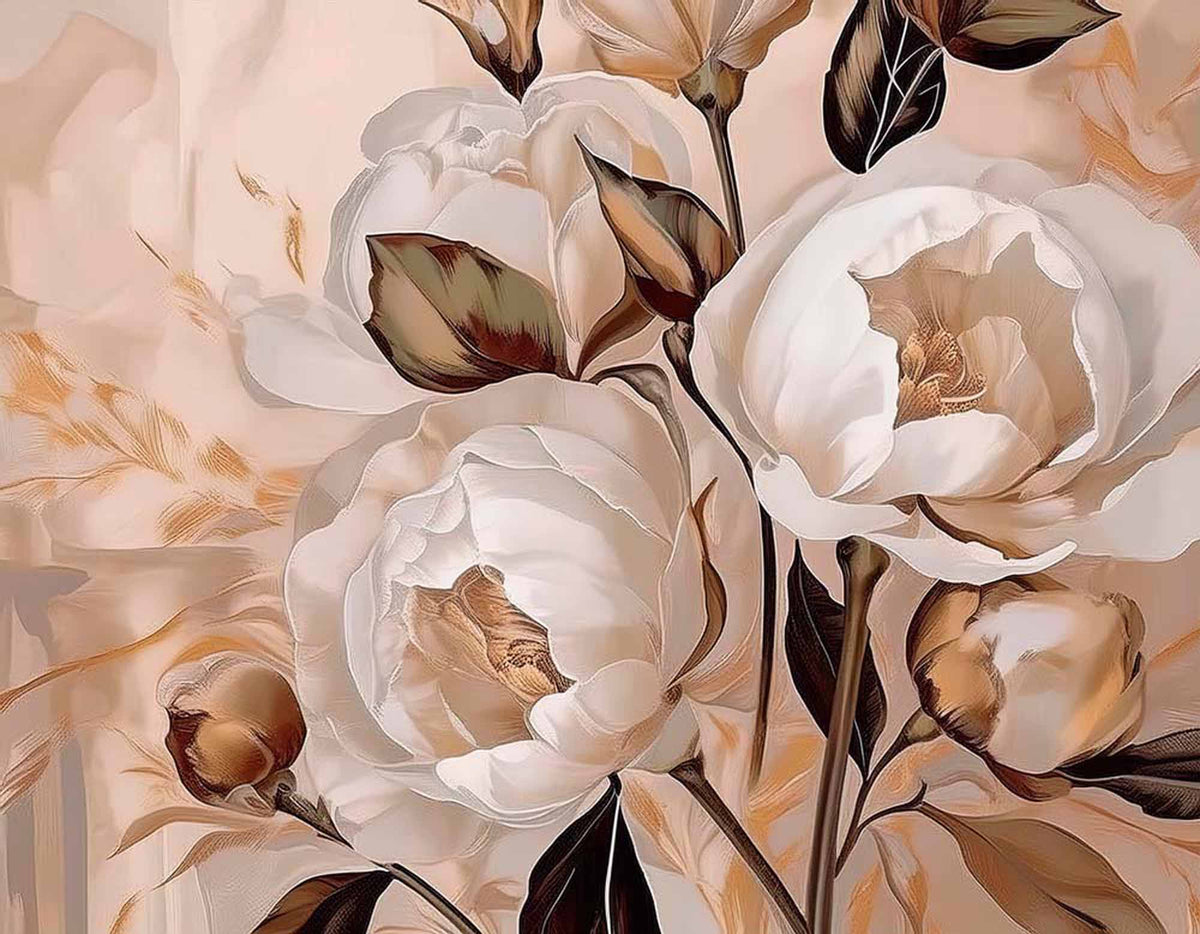 Fototapete Pfirsichfarbene Pfingstrosen-Malerei – Große cremefarbene Blumen auf Zartrosa