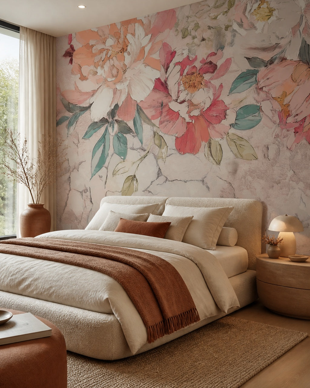 Romantic pink peony wallpaper in a designer bedroom.