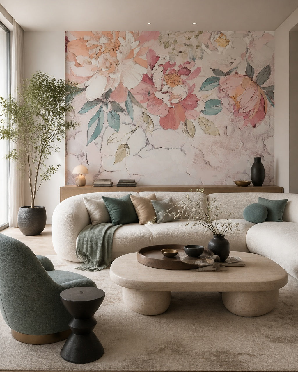 Romantic pink peony wallpaper in a designer living room.