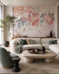 Romantic pink peony wallpaper in a designer living room.