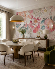 Romantic pink peony wallpaper in a refined dining area.