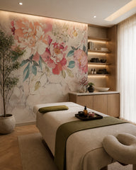 Romantic pink peony wallpaper in a wellness spa.