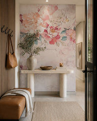 Romantic pink peony wallpaper in a designer entrance hall.