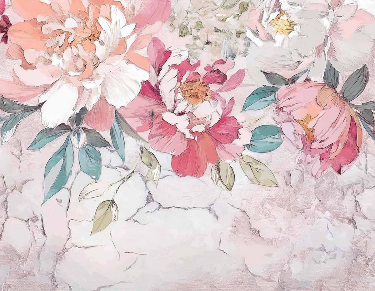 Papier peint pivoines roses romantiques – Papier peint panoramique fleurs picturales sur plâtre craquelé