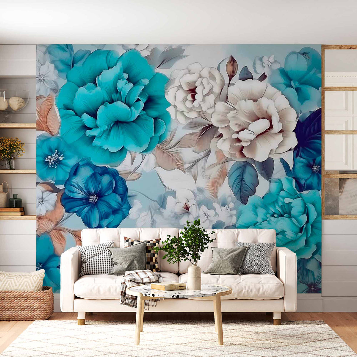 Papier peint pivoines turquoise – Papier peint panoramique grandes fleurs bleues et blanches