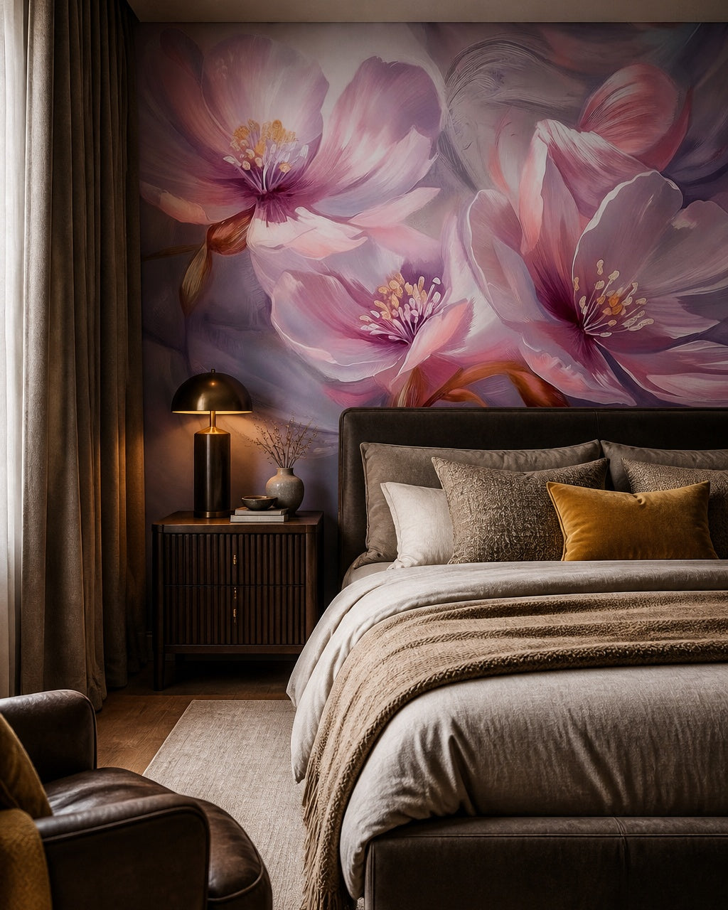 Blush petals wallpaper in a designer bedroom.