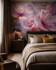 Blush petals wallpaper in a designer bedroom.