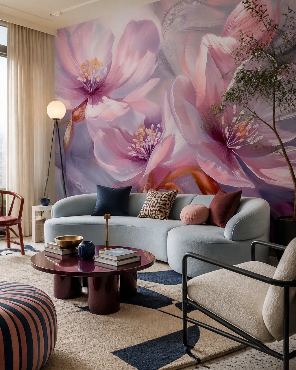 Blush petals wallpaper in a designer living room.