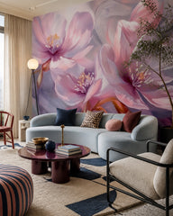 Blush petals wallpaper in a designer living room.