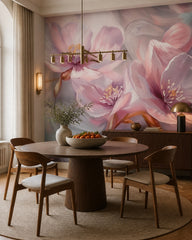 Blush petals wallpaper in a refined dining area.