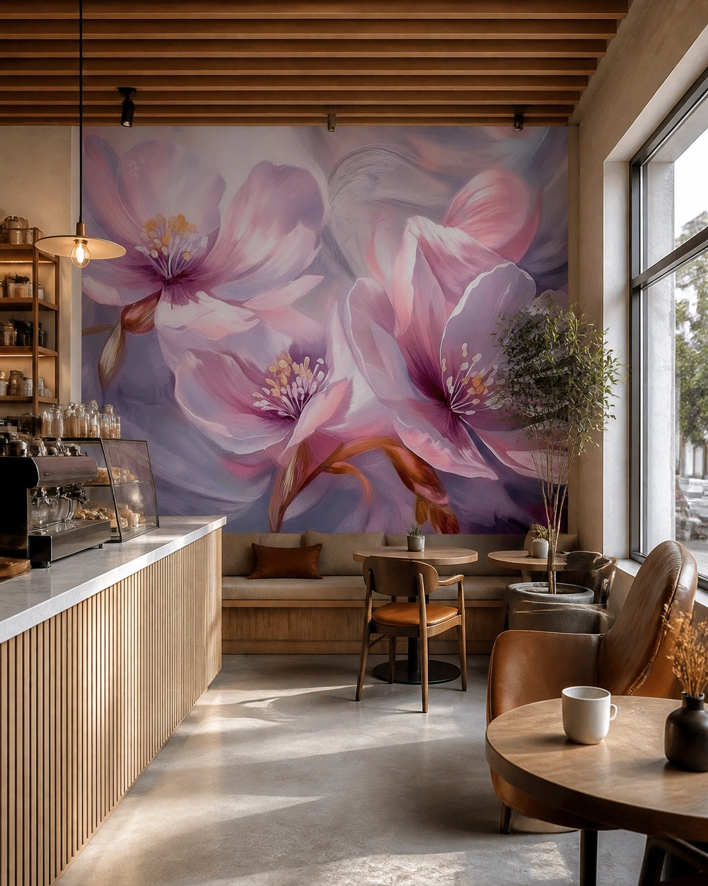Blush petals wallpaper in a specialty coffee shop.