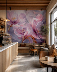 Blush petals wallpaper in a specialty coffee shop.
