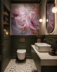 Blush petals wallpaper in a luxury bathroom.