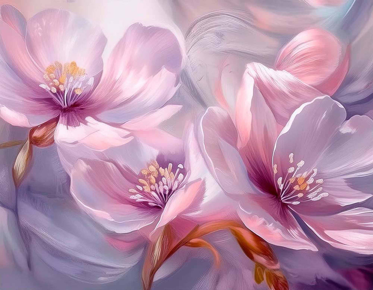Papier peint pétales rose poudré – Papier peint panoramique fleurs picturales roses et violettes