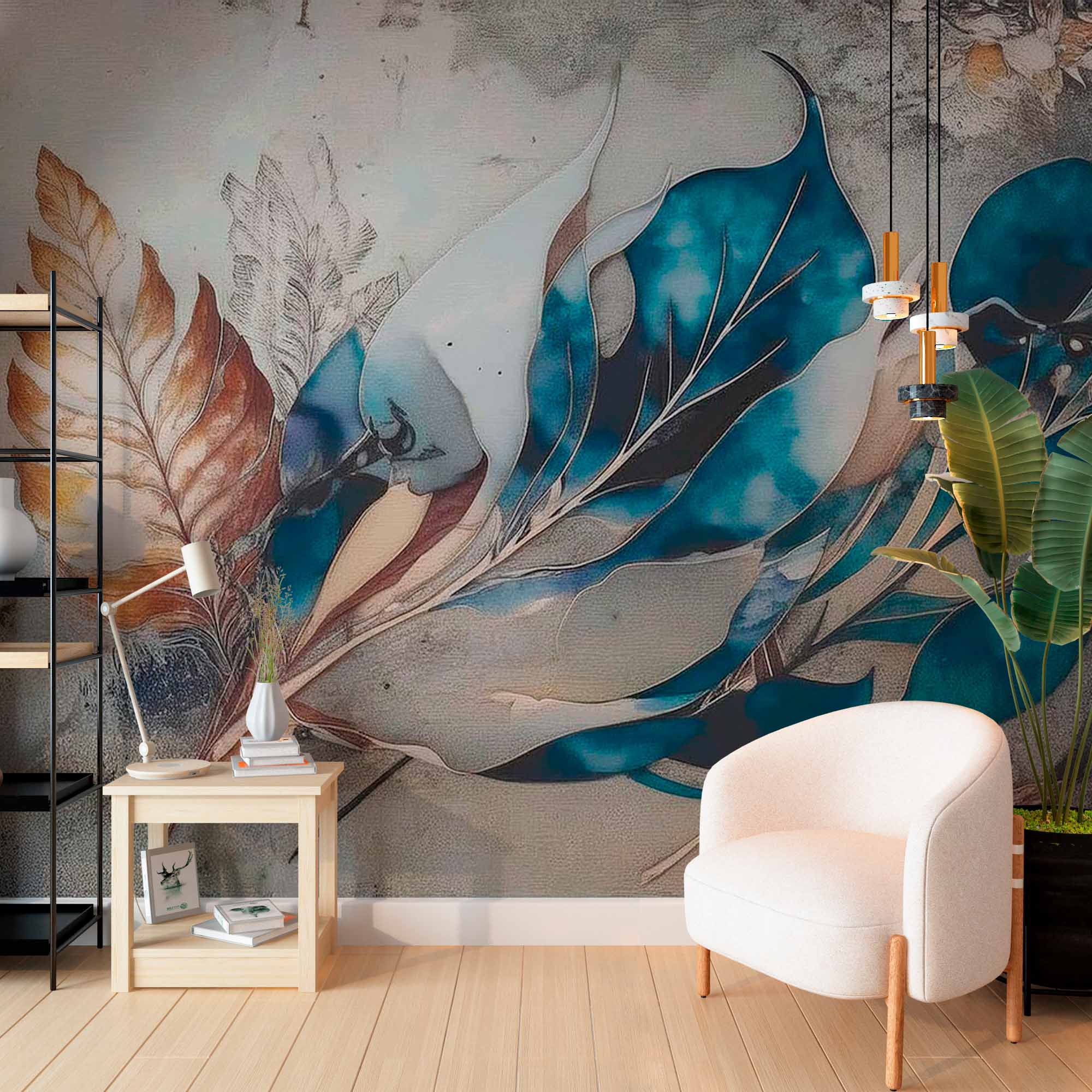 3D Large Blue Flower Petals on Concrete Wall Mural Feather Wallpaper