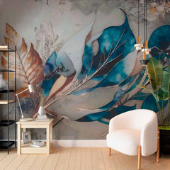 Custom Large Blue Flower Petals on Concrete Wall Mural Feather Wallpaper