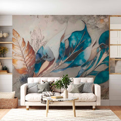 Custom Large Blue Flower Petals on Concrete Wall Mural Feather Wallpaper