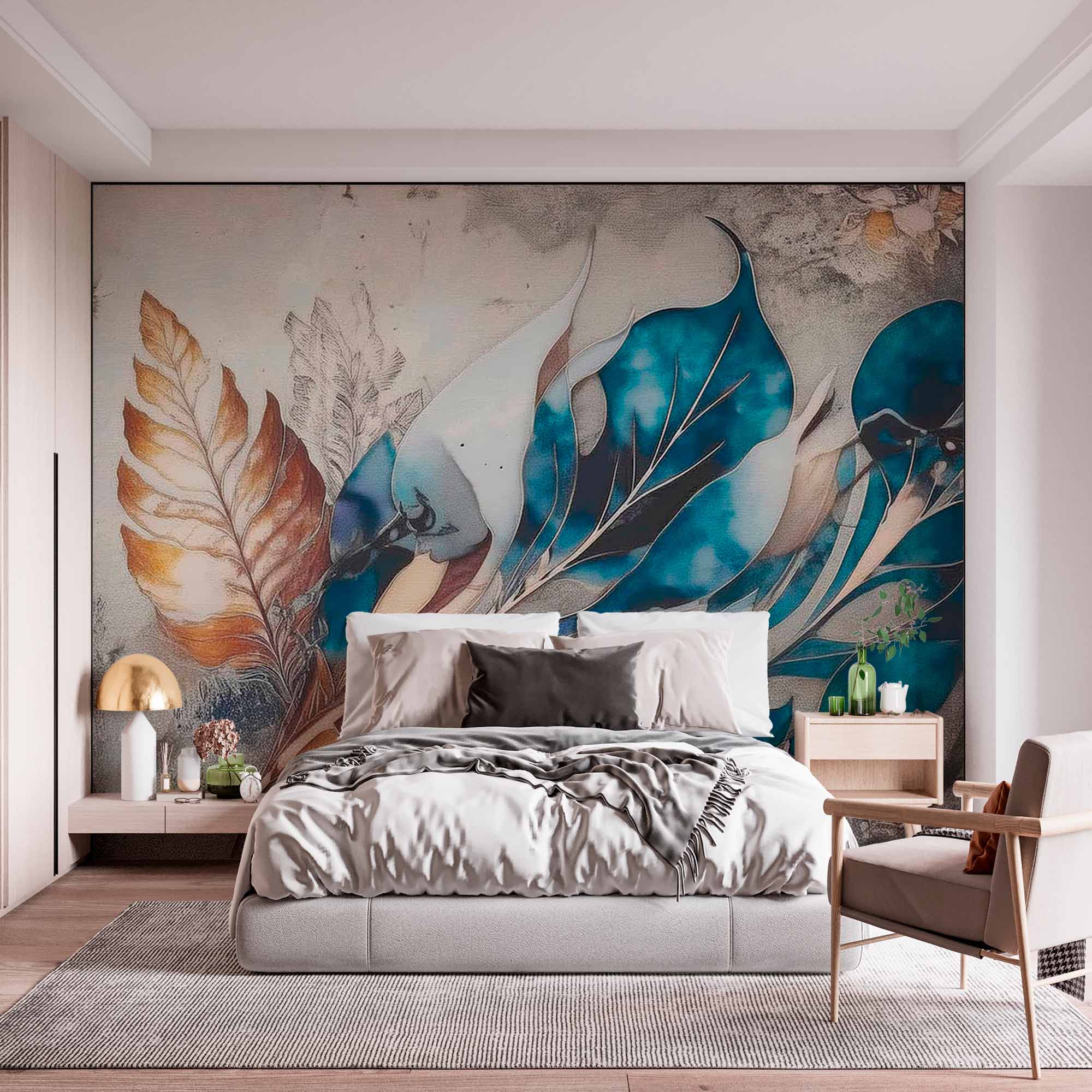 3D Large Blue Flower Petals on Concrete Wall Mural Feather Wallpaper