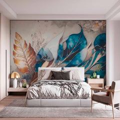 Custom Large Blue Flower Petals on Concrete Wall Mural Feather Wallpaper