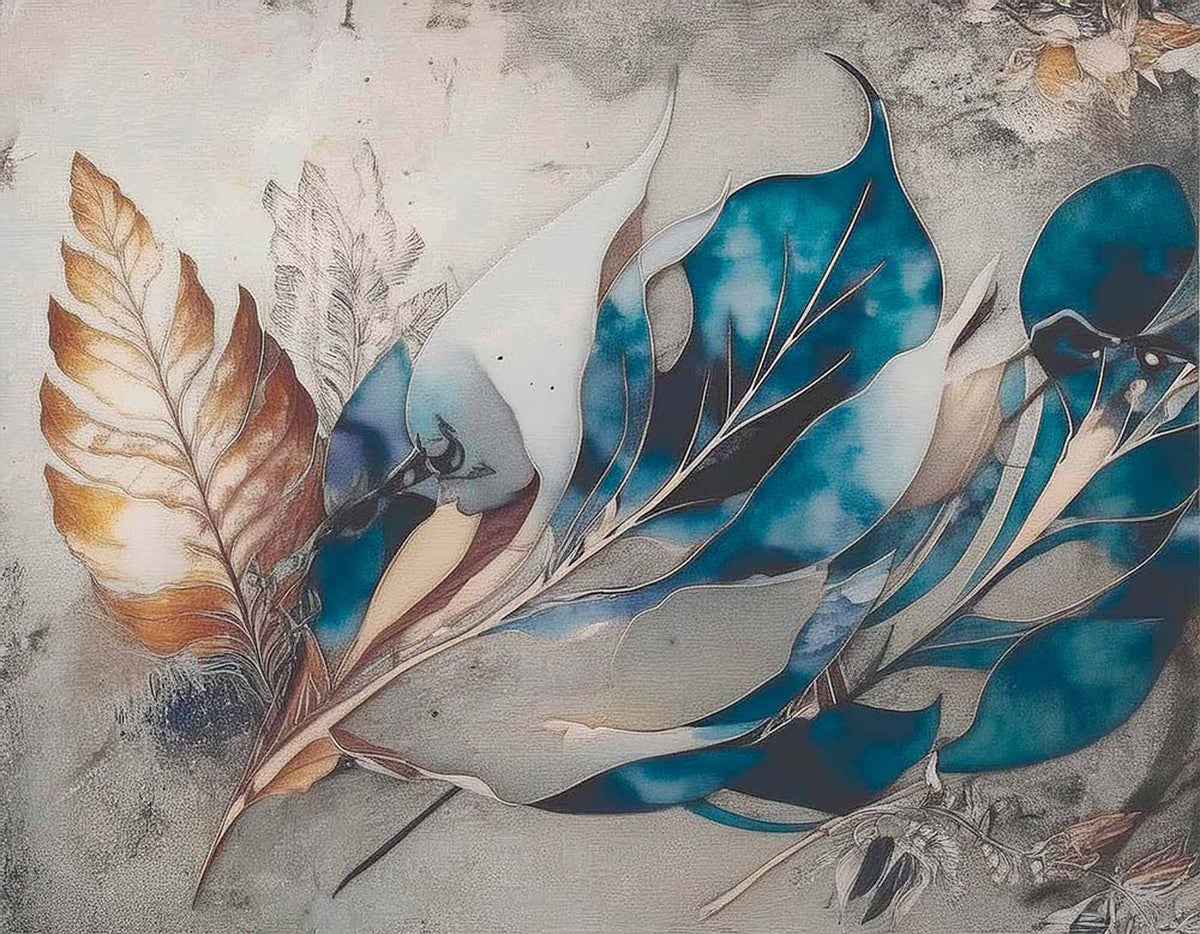 Papier peint feuilles bleues et cuivrées – Papier peint panoramique grands pétales sur béton