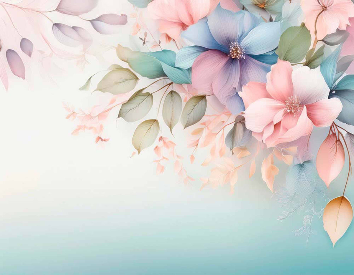 Papier peint coin floral pastel – Papier peint panoramique fleurs roses et bleues sur dégradé bleu canard