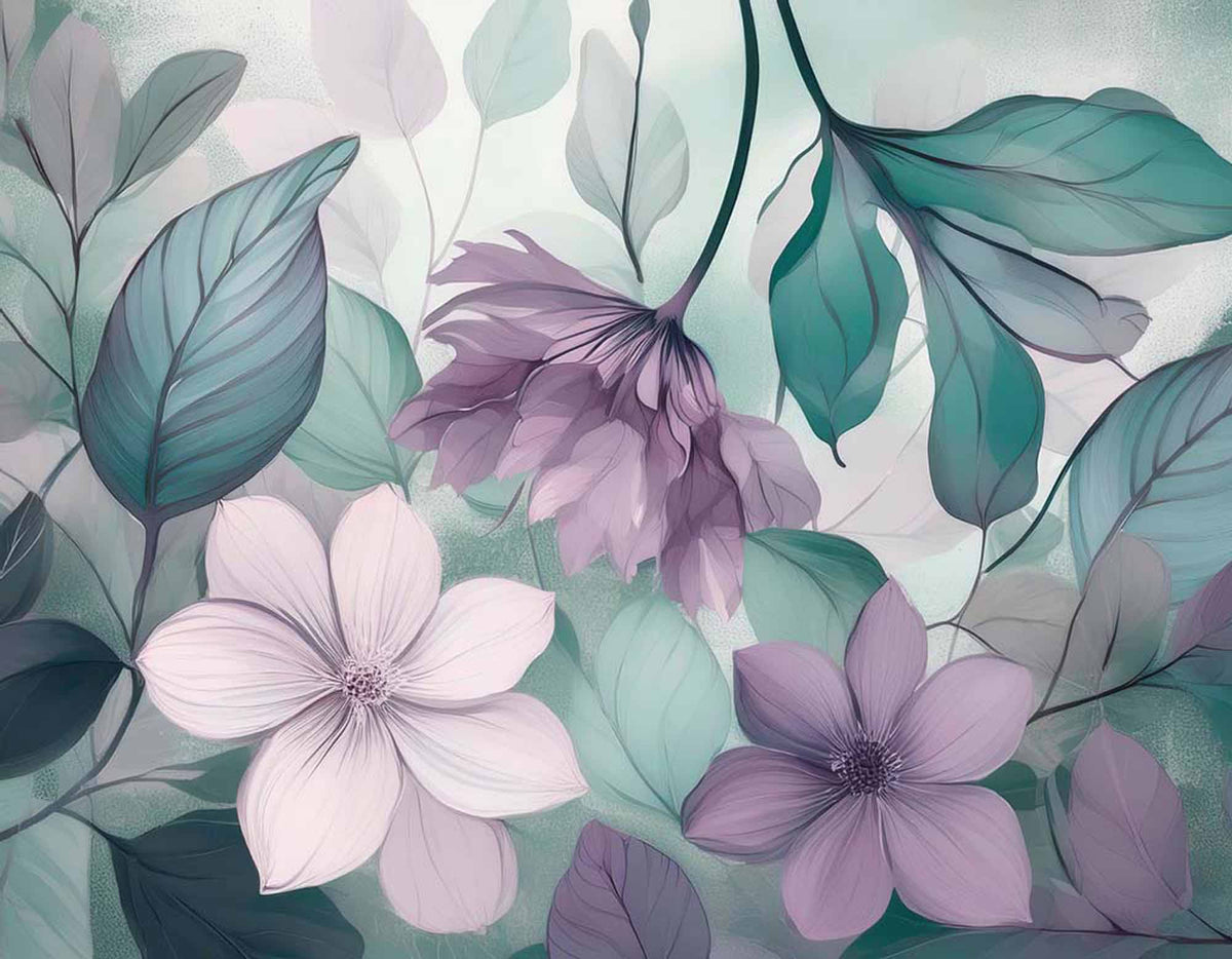 Papier peint botanique bleu canard et lilas – Papier peint panoramique grandes feuilles et fleurs