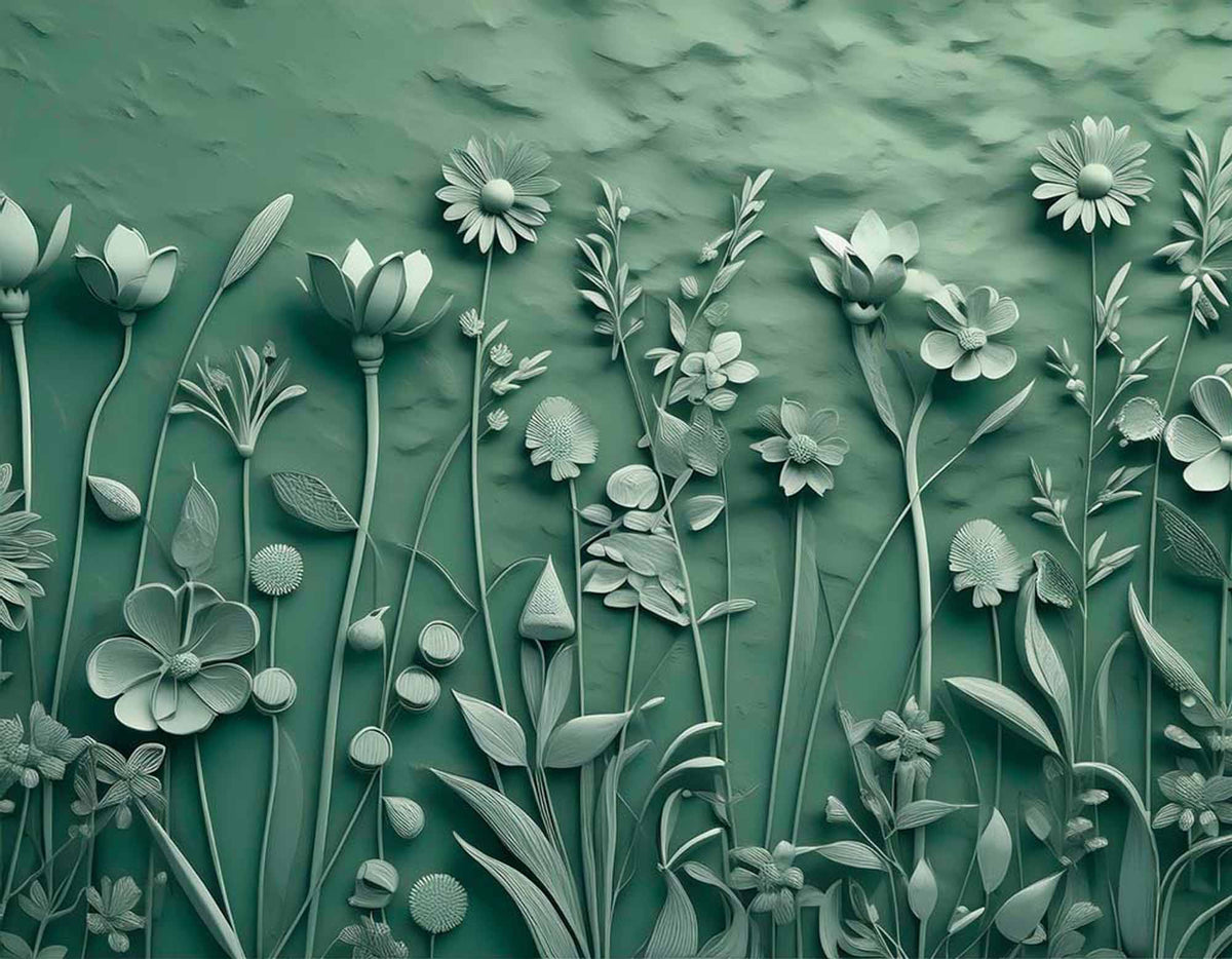 Smaragd 3D bloemen behang – groen gebeeldhouwd tuinreliëf fotobehang