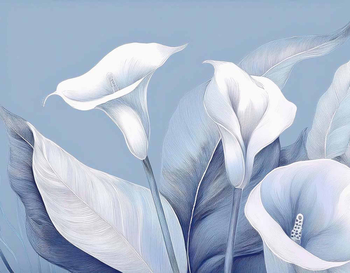Papier peint arums blancs – Papier peint panoramique lys picturaux sur bleu doux