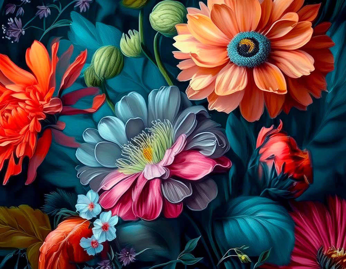 Papier peint floral sombre vibrant – Papier peint panoramique fleurs orange, bleu canard et roses sur noir