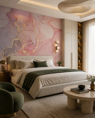 Rose quartz & lavender gold alcohol ink wall mural in a designer bedroom.
