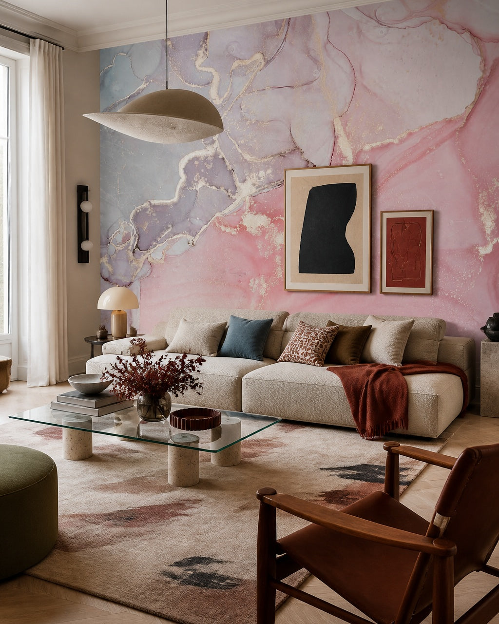 Rose quartz & lavender gold alcohol ink wall mural in a designer living room.