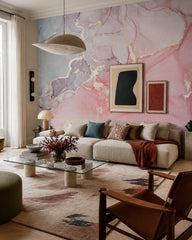 Rose quartz & lavender gold alcohol ink wall mural in a designer living room.