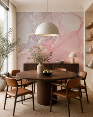 Rose quartz & lavender gold alcohol ink wall mural in a refined dining area.