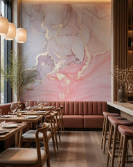 Rose quartz & lavender gold alcohol ink wall mural in a restaurant.
