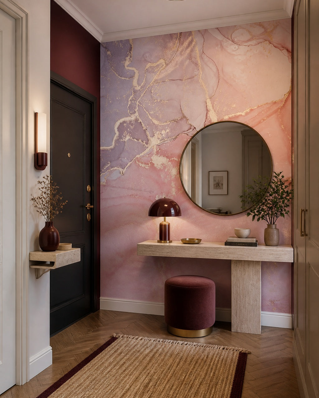 Rose quartz & lavender gold alcohol ink wall mural in a designer entrance hall.