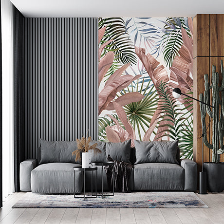 Tropical Palm Tree Leaf Fresco Pink Banana Leaves Wallpaper